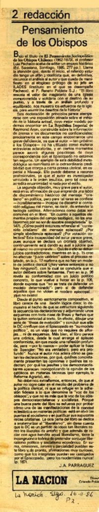 Pensamiento de los Obispos  [artículo] J. A. Parraguez.