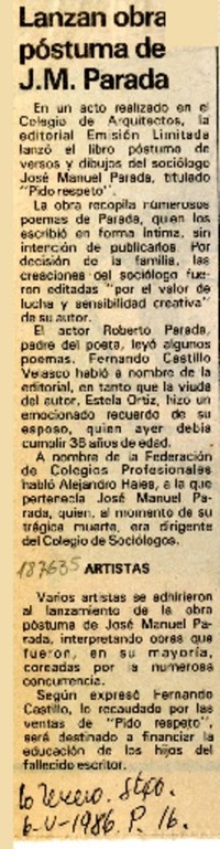 Lanzan obra póstuma de J. M. Parada  [artículo].