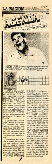 Actor y dramaturgo chileno aplaudido en Francia...  [artículo] Edith Phillips.