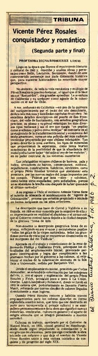 Vicente Pérez Rosales, conquistador y romántico  [artículo] Digna Rodríguez Lamas.