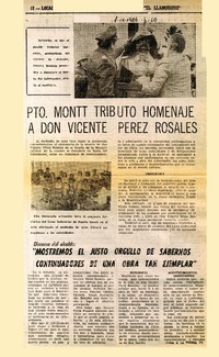 Pto. Montt tributó homenaje a don Vicente Pérez Rosales  [artículo].