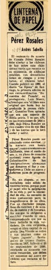 Pérez Rosales  [artículo] Andrés Sabella.