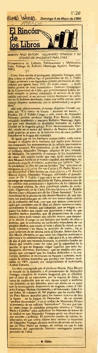 Martín Pino Batory, "Alejandro Venegas y su legado de Sinceridad para Chile"  [artículo] Filebo.