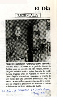 Fallece escritor y fotógrafo Max Vergara  [artículo]
