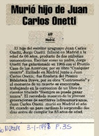 Murió hijo de Juan Carlos Onetti  [artículo].