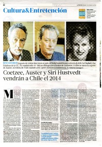 Coetzee, Auster y Siri Hustvedt vendrán a Chile el 2014  [artículo]