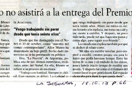 Alice Munro no asistirá a la entrega del Premio Nobel  [artículo]