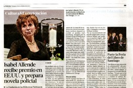 Isabel Allende recibe premio en EE.UU. y prepara novela policial  [artículo] J. Garcia