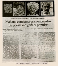 Mañana comienza gran encuentro de poesía indígena y popular  [artículo] Constanza Rojas Valdés