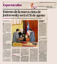 Estreno de la nueva cinta de Jodorowsky será el 31 de agosto : avant premier : Tocopilla se vestirá de gala par "La Danza de la realidad" [artículo] Soledad Melendez Ruiz.