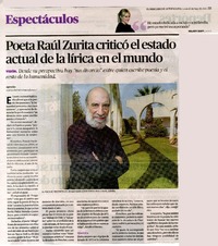 Poeta Raúl Zurita criticó el estado actual de la lírica en el mundo.  [artículo]
