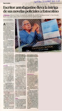 Escritor antofagastino lleva la intriga de sus novelas policiales a Estocolmo  [artículo] Dániza Urrutia Sepúlveda.