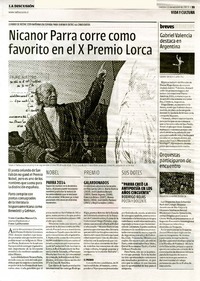 Nicanor Parra corre como favorito en el X Premio Lorca  [artículo] Carolina Marcos Ch.