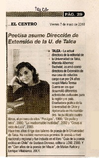 Poetisa asume dirección de extensión de la U. de Talca.  [artículo]