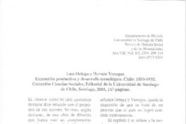Expansión productiva y desarrollo tecnológico. Chile: 1850-1932.  [artículo] Jorge Pinto Rodríguez.