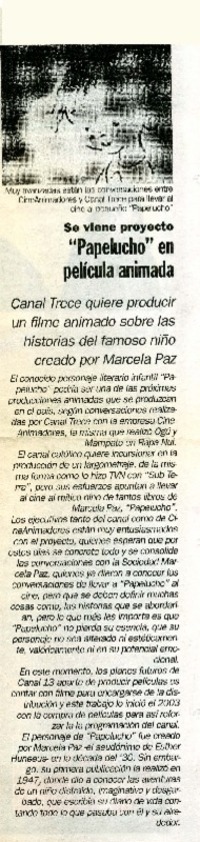 Papelucho" en película animada.  [artículo]