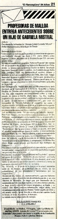 Profesoras de Malloa entrega antecedentes sobre un hijo de Gabriela Mistral  [artículo] Juan Nuñez Vazquez.