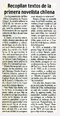 Recopilan textos de la primera novelista chilena.  [artículo]