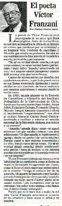 El poeta Víctor Franzani  [artículo] Marino Muñoz Lagos.