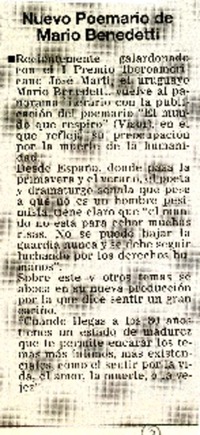 Nuevo poemario de Mario Benedetti.  [artículo]