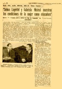Selma Lagerlof y Gabriela Mistral muestran las condiciones de la mujer como educadora  [artículo].