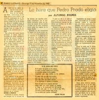 La hora que Pedro Prado eligió  [artículo] Alfonso Bulnes.