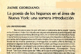 La poesía de los hispanos en el área de Nueva York, una somera introducción  [artículo] Jaime Giordano.