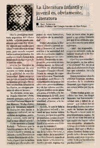 La literatura infantil y juvenil es, obviamente literatura  [artículo] Saúl Schkolnik.