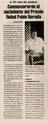 Conmemorarán el nacimiento del premio Nobel Pablo Neruda  [artículo] Carolyn Bolìvar.