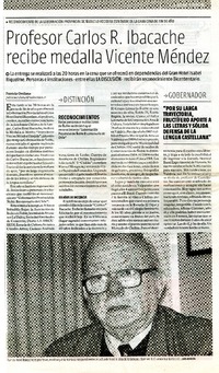 Profesor Carlos R. Ibacache recibe medalla Vicente Méndez  [artículo] Patricia Orellana.