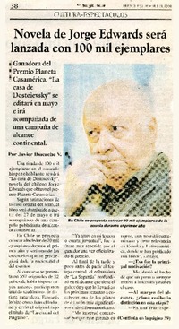Novela de Jorge Edwards será lanzada con 100 mil ejemplares (entrevista)  [artículo]Javier Ibacache V.