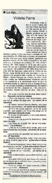 Violeta Parra.  [artículo]Patiicio Díaz Coudray.