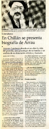 En Chillán se presenta biografía de Arrau  [artículo] Susana Ponce de León G.
