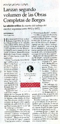 Lanzan segundo volumen de las Obras Completas de Borges  [artículo] Alicia Rinaldi.