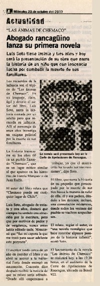 Abogado rancagüino lanza su primera novela  [artículo].