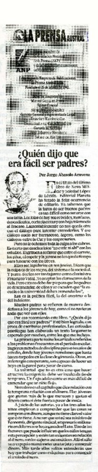 ¿Quién dijo que era fácil ser padres?  [artículo]Jorge Abasolo Aravena.