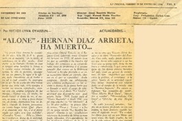 "Alone", Hernán Díaz Arrieta, ha muerto  [artículo] Héctor Leiva Oyarzún.