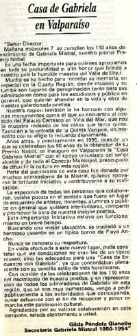 Casa de Gabriela en Valparaíso  [artículo] Gilda Péndola Gianollo