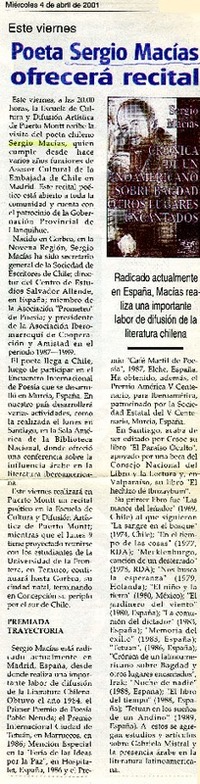 Poeta Sergio Macías ofrecerá recital  [artículo]