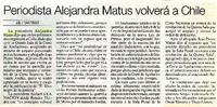 Periodista Alejandra Matus volverá a Chile  [artículo] J. E.