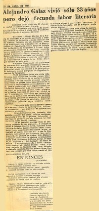 Alejandro Galaz vivió sólo 33 años pero dejó fecunda labor literaria.  [artículo]