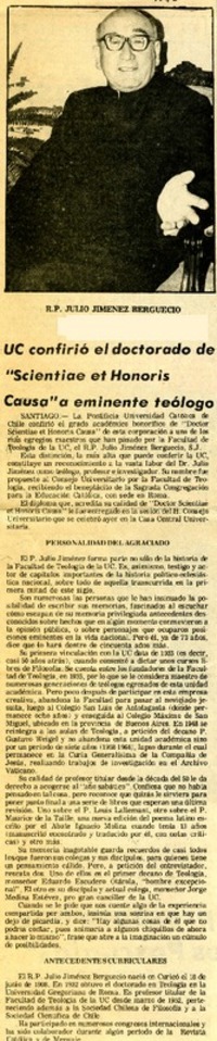 UC confirió el doctorado de "Scientiae et honoris causa" a eminente teólogo.  [artículo]