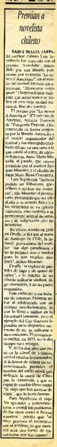 Premian a novelista chileno  [artículo] Saint Malo.
