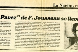 Libro "Chez Pavez" de F. Josseau se llevará al teatro.  [artículo]