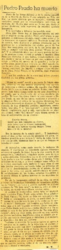 Pedro Prado ha muerto  [artículo] M.V.