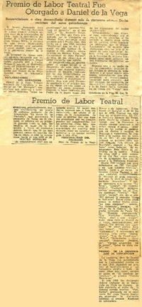 Premio de labor teatral fue otorgado a Daniel de la Vega  [artículo].