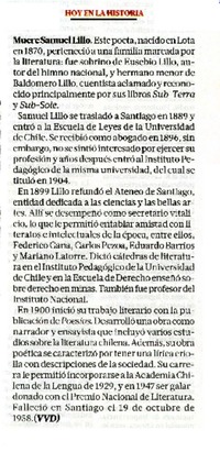 Muere Samuel Lillo  [artículo] VVD.