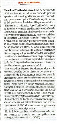 Nace Josè Toribio Medina  [artículo] VVD.