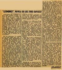 "Cutimuncu", nove de Luis Toro Ramallo  [artículo] Luis Durand.