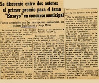 Se discernió entre dos autores el primer premio para el tema "Ensayo" en concurso municipal.  [artículo]